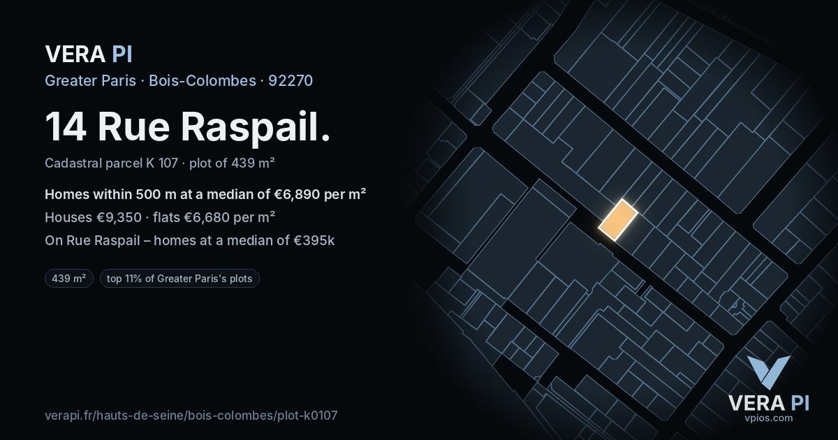 14 Rue Raspail, Bois-Colombes at night – the plot lit, the parcels around coloured by the prices near them