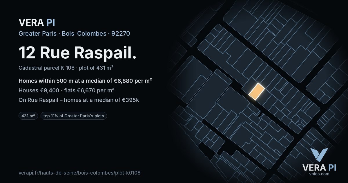 12 Rue Raspail, Bois-Colombes at night – the plot lit, the parcels around coloured by the prices near them