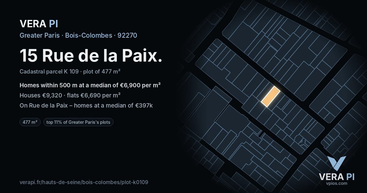 15 Rue de la Paix, Bois-Colombes at night – the plot lit, the parcels around coloured by the prices near them