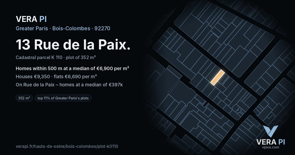 13 Rue de la Paix, Bois-Colombes at night – the plot lit, the parcels around coloured by the prices near them