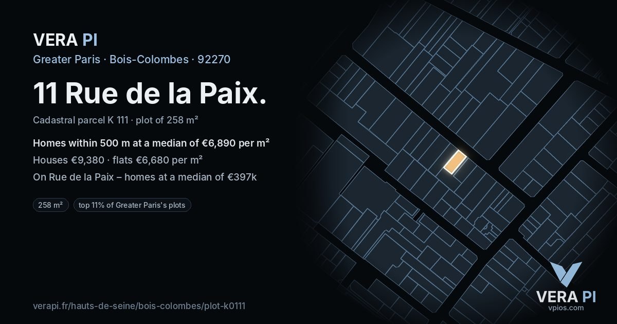 11 Rue de la Paix, Bois-Colombes at night – the plot lit, the parcels around coloured by the prices near them
