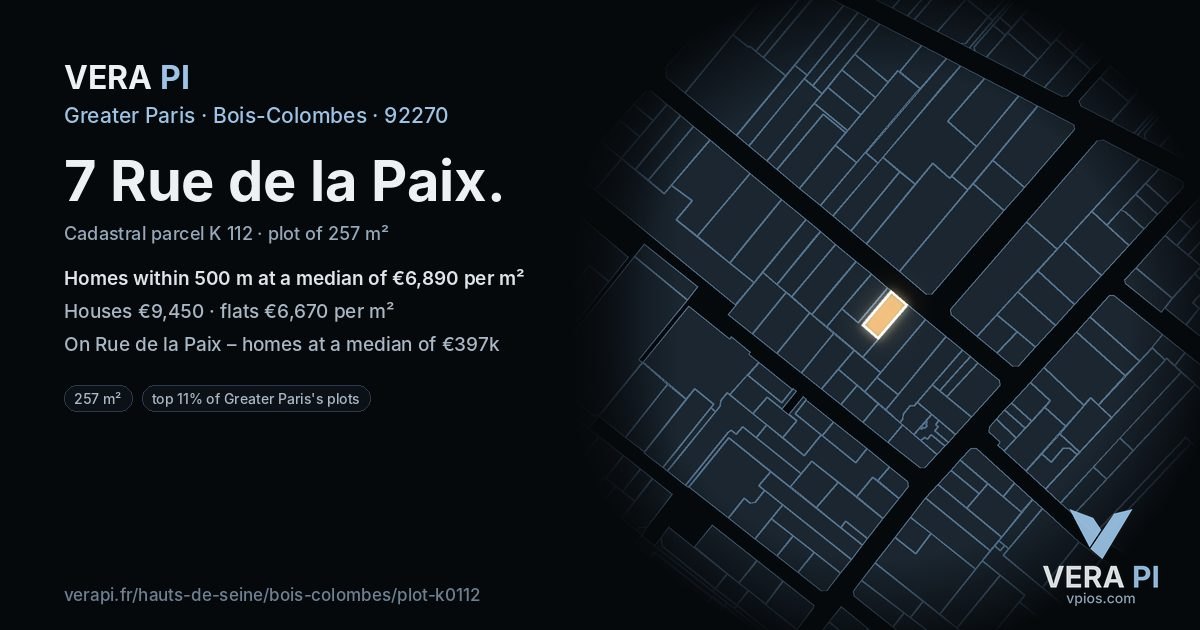 7 Rue de la Paix, Bois-Colombes at night – the plot lit, the parcels around coloured by the prices near them