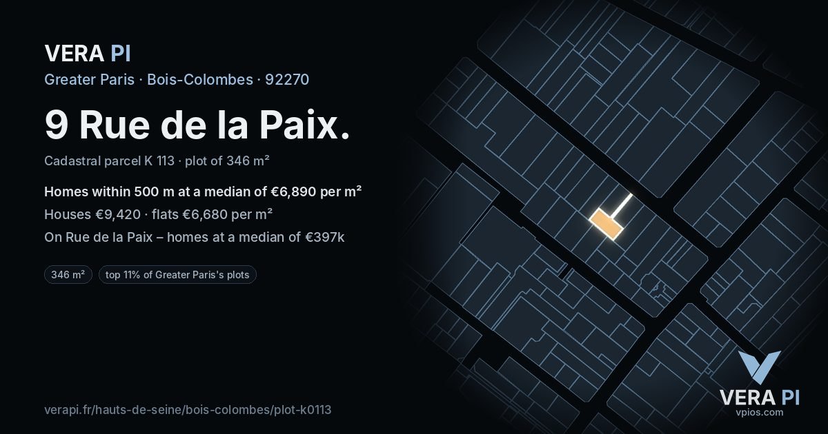 9 Rue de la Paix, Bois-Colombes at night – the plot lit, the parcels around coloured by the prices near them