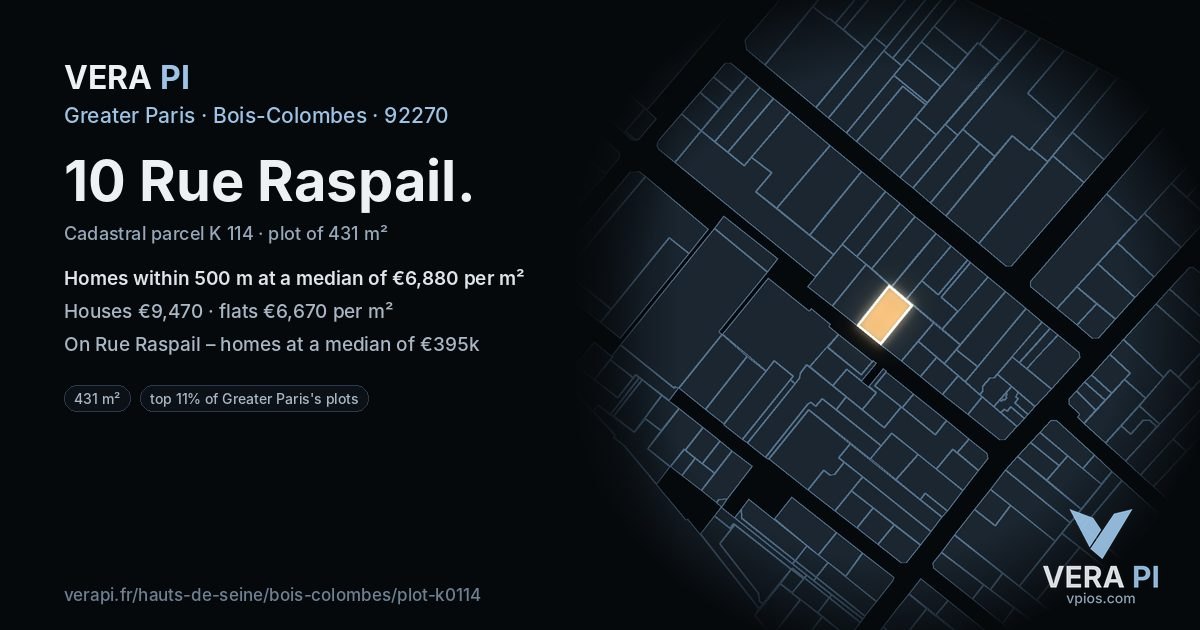 10 Rue Raspail, Bois-Colombes at night – the plot lit, the parcels around coloured by the prices near them