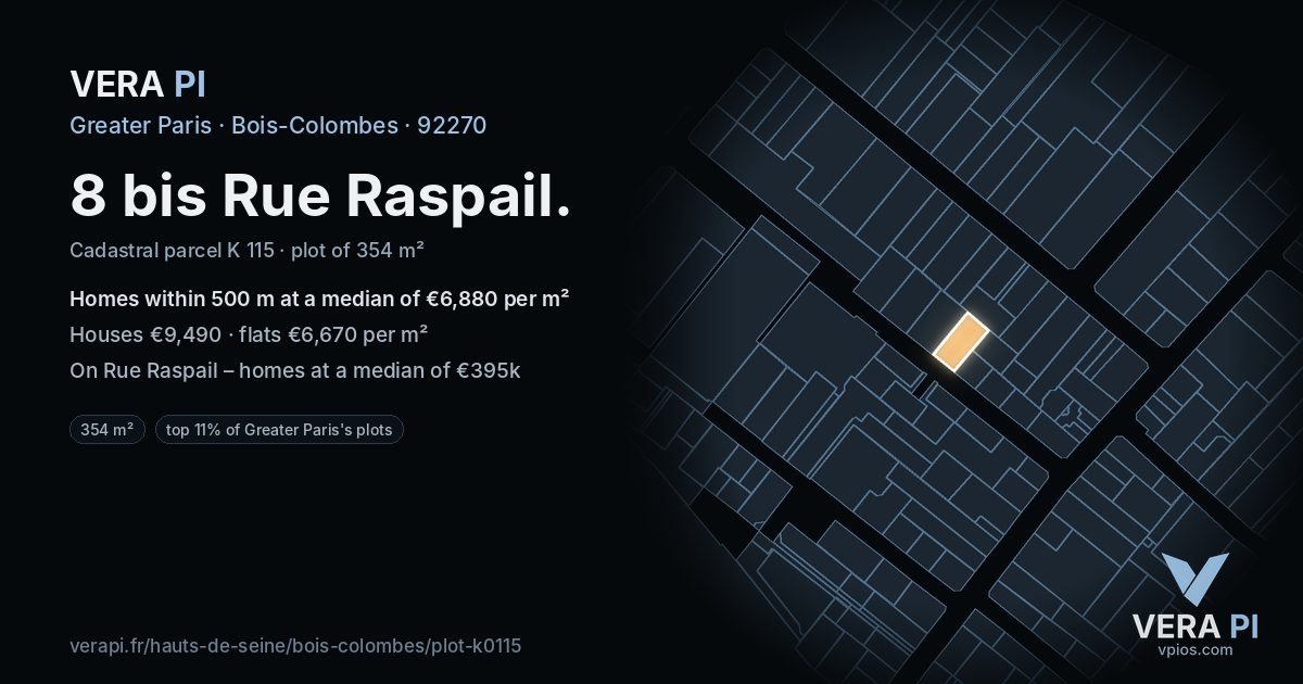8 bis Rue Raspail, Bois-Colombes at night – the plot lit, the parcels around coloured by the prices near them