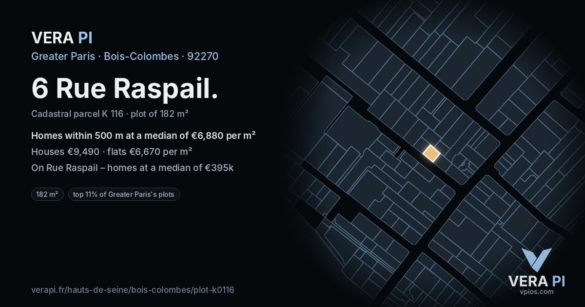 6 Rue Raspail, Bois-Colombes at night – the plot lit, the parcels around coloured by the prices near them