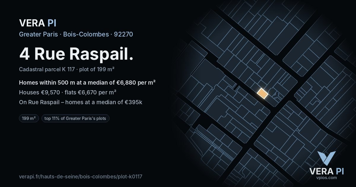 4 Rue Raspail, Bois-Colombes at night – the plot lit, the parcels around coloured by the prices near them