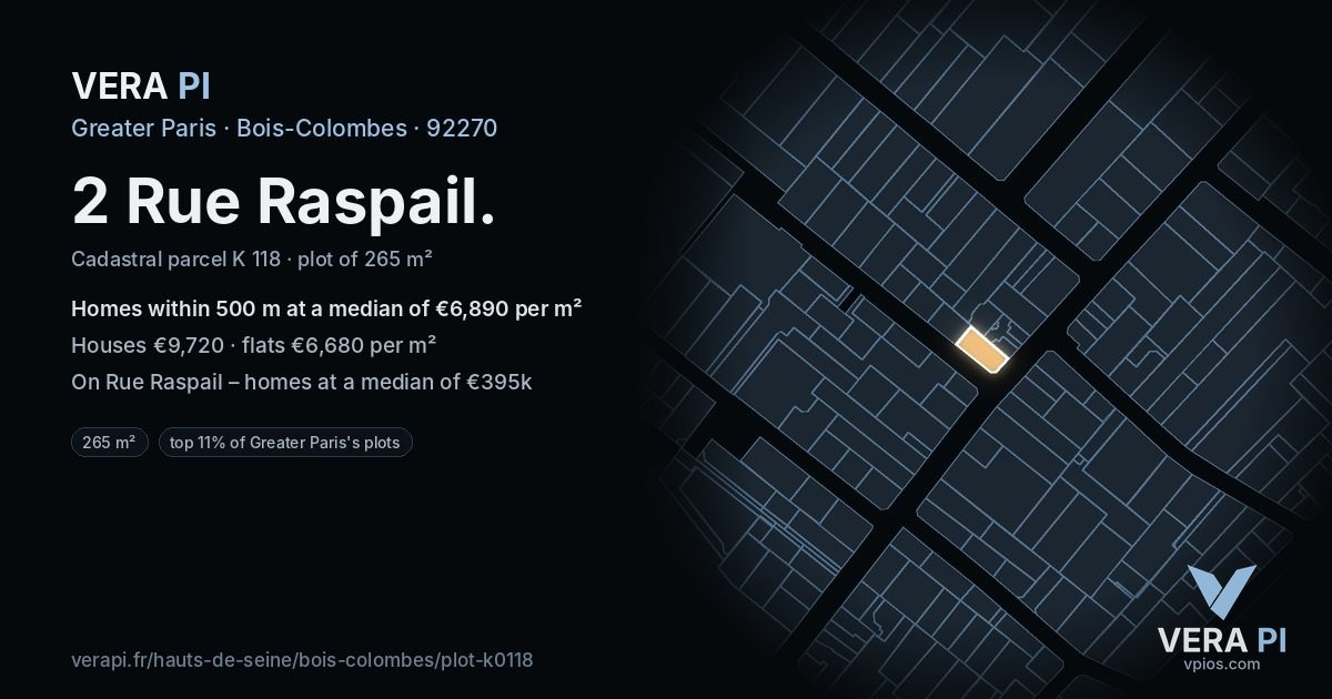 2 Rue Raspail, Bois-Colombes at night – the plot lit, the parcels around coloured by the prices near them