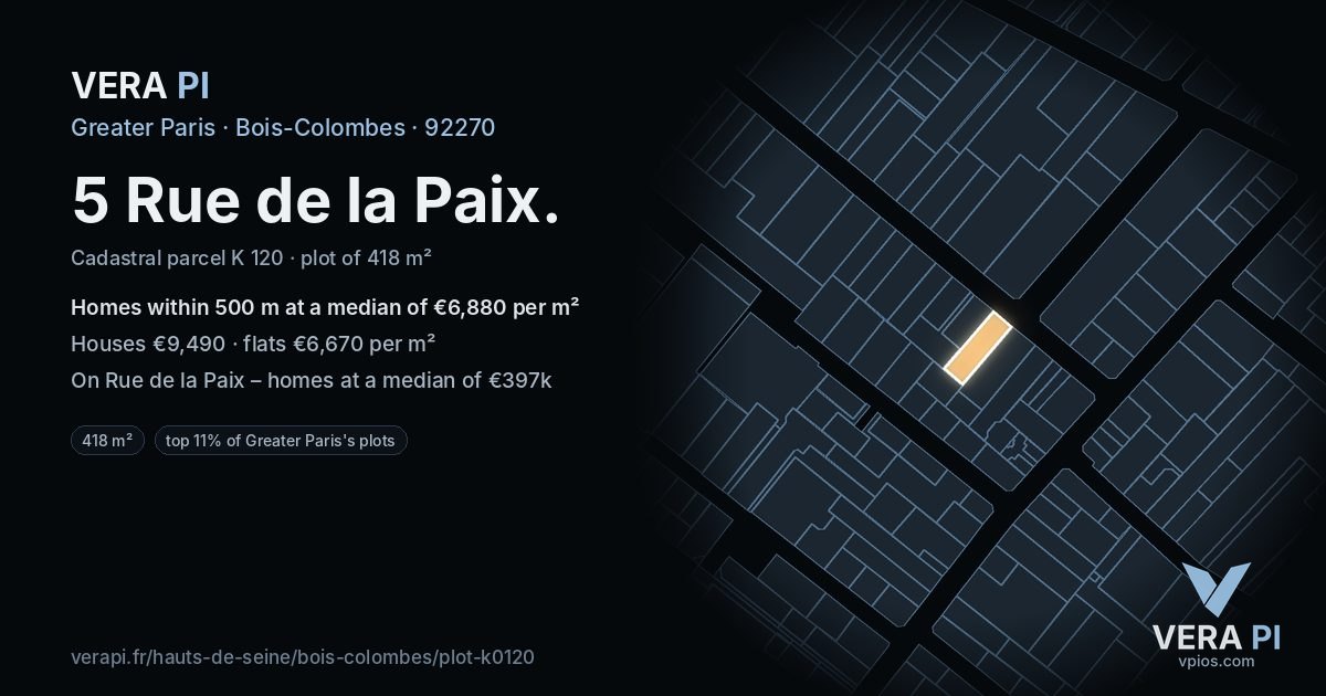 5 Rue de la Paix, Bois-Colombes at night – the plot lit, the parcels around coloured by the prices near them