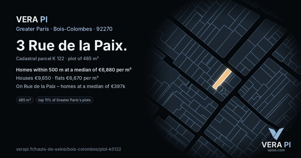 3 Rue de la Paix, Bois-Colombes at night – the plot lit, the parcels around coloured by the prices near them