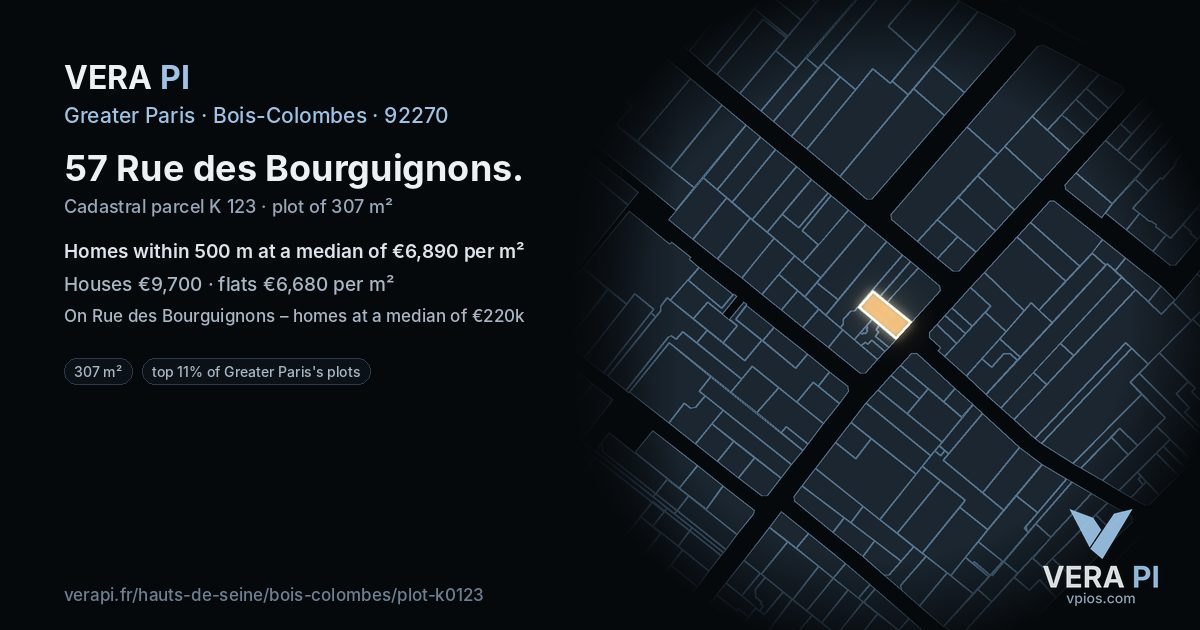 57 Rue des Bourguignons, Bois-Colombes at night – the plot lit, the parcels around coloured by the prices near them