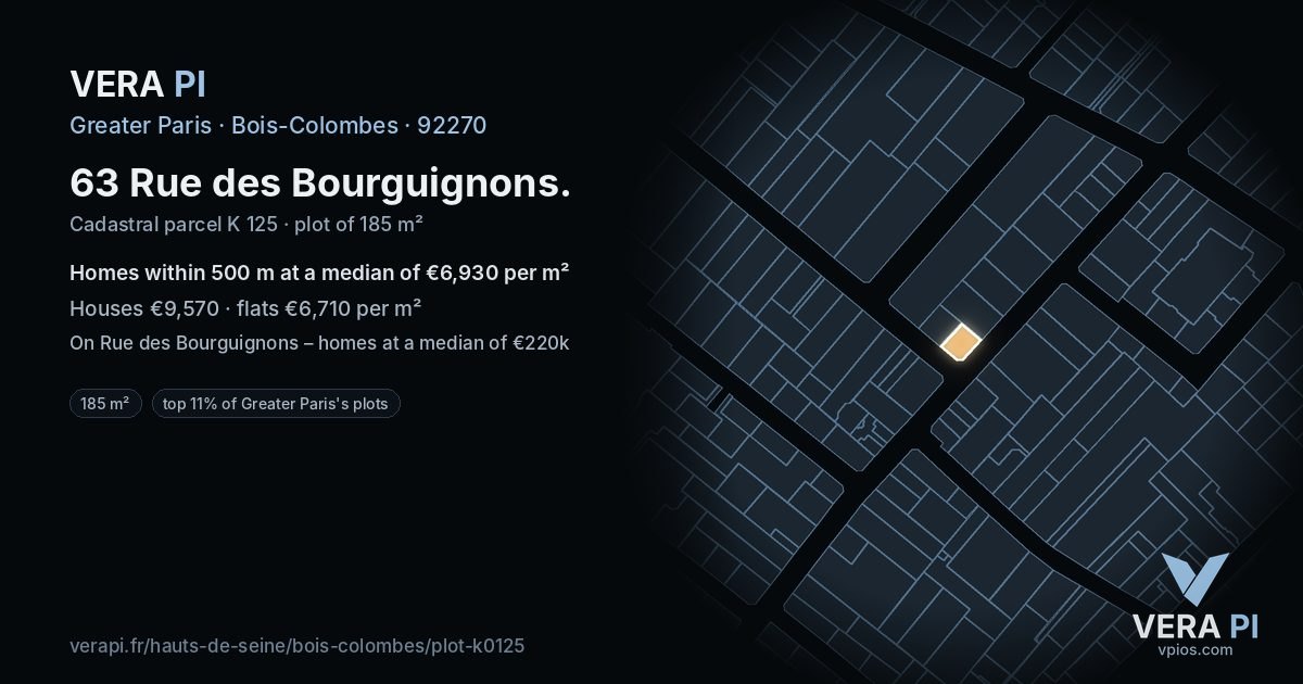 63 Rue des Bourguignons, Bois-Colombes at night – the plot lit, the parcels around coloured by the prices near them