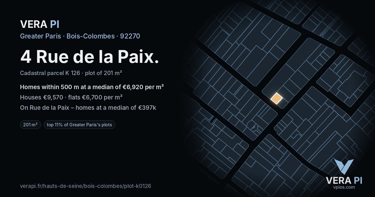 4 Rue de la Paix, Bois-Colombes at night – the plot lit, the parcels around coloured by the prices near them