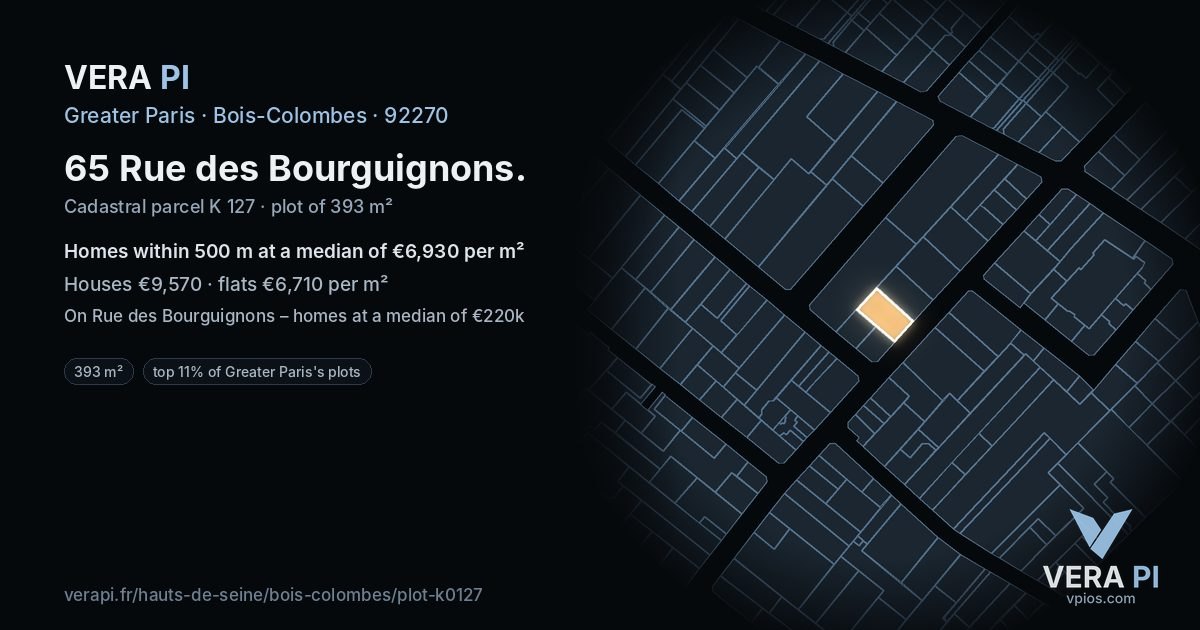 65 Rue des Bourguignons, Bois-Colombes at night – the plot lit, the parcels around coloured by the prices near them