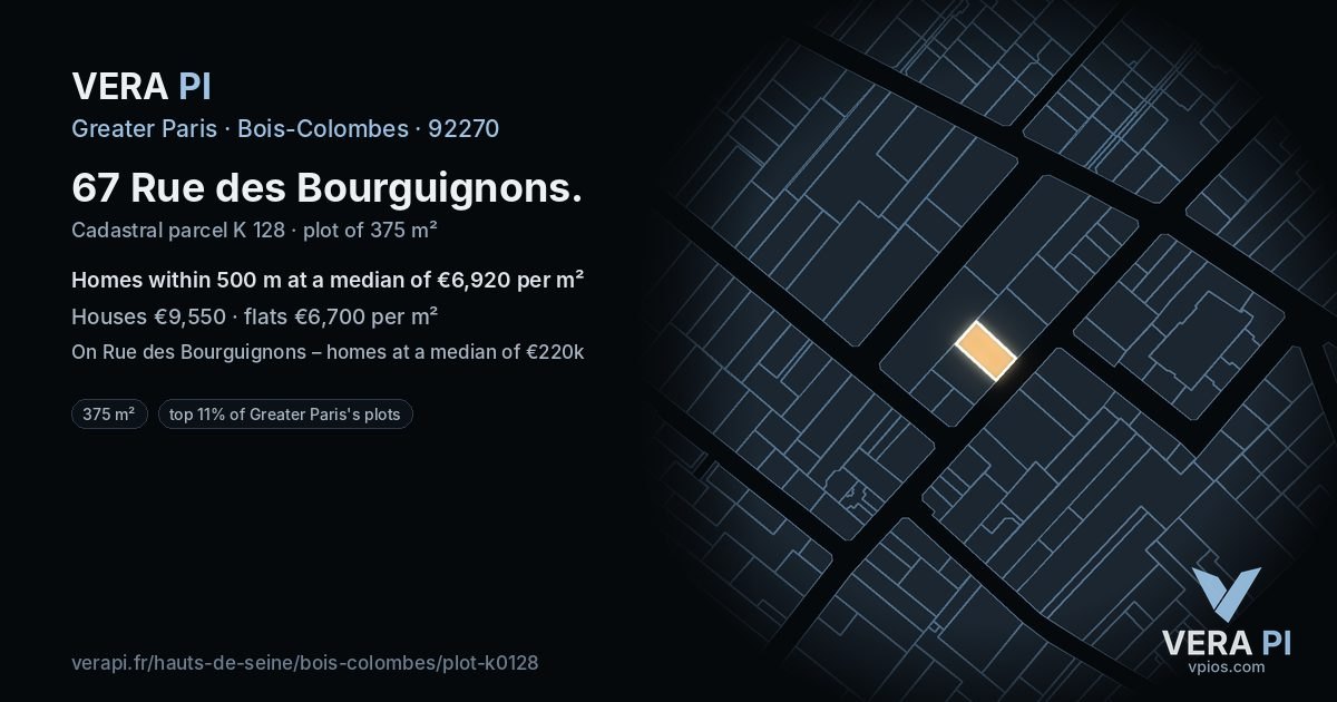 67 Rue des Bourguignons, Bois-Colombes at night – the plot lit, the parcels around coloured by the prices near them