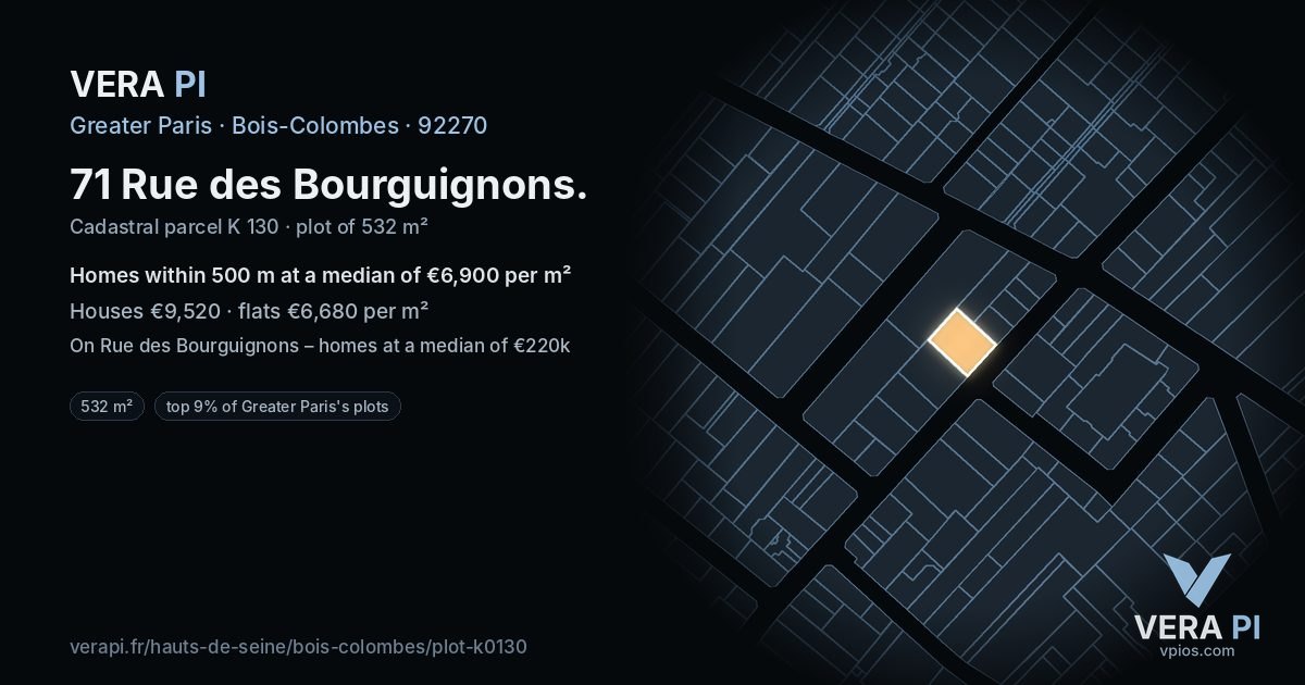 71 Rue des Bourguignons, Bois-Colombes at night – the plot lit, the parcels around coloured by the prices near them