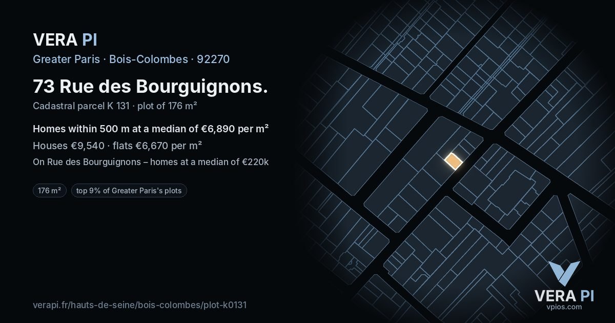 73 Rue des Bourguignons, Bois-Colombes at night – the plot lit, the parcels around coloured by the prices near them