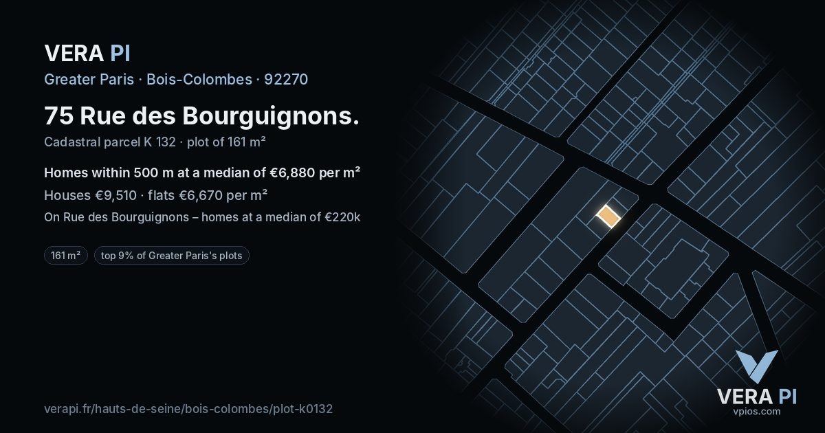 75 Rue des Bourguignons, Bois-Colombes at night – the plot lit, the parcels around coloured by the prices near them