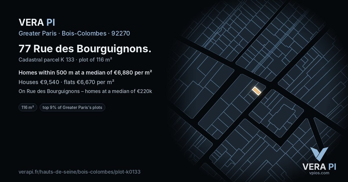 77 Rue des Bourguignons, Bois-Colombes at night – the plot lit, the parcels around coloured by the prices near them