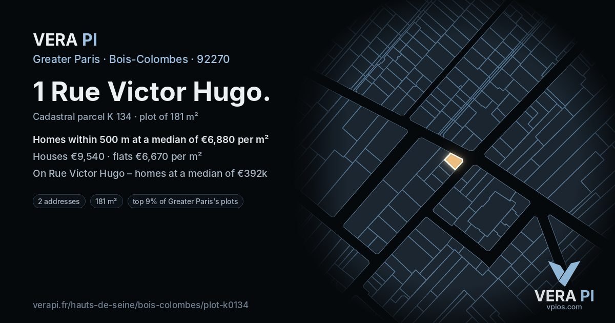 1 Rue Victor Hugo, Bois-Colombes at night – the plot lit, the parcels around coloured by the prices near them