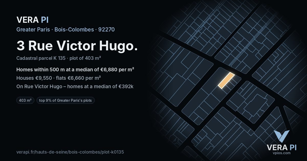 3 Rue Victor Hugo, Bois-Colombes at night – the plot lit, the parcels around coloured by the prices near them