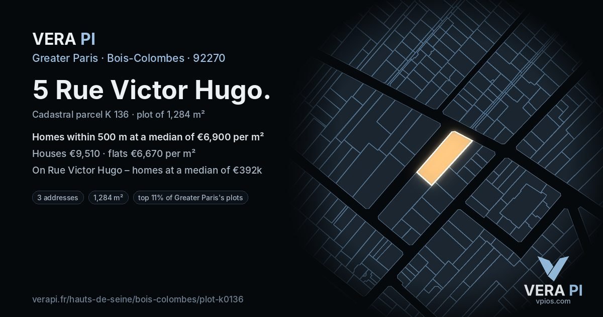 5 Rue Victor Hugo, Bois-Colombes at night – the plot lit, the parcels around coloured by the prices near them