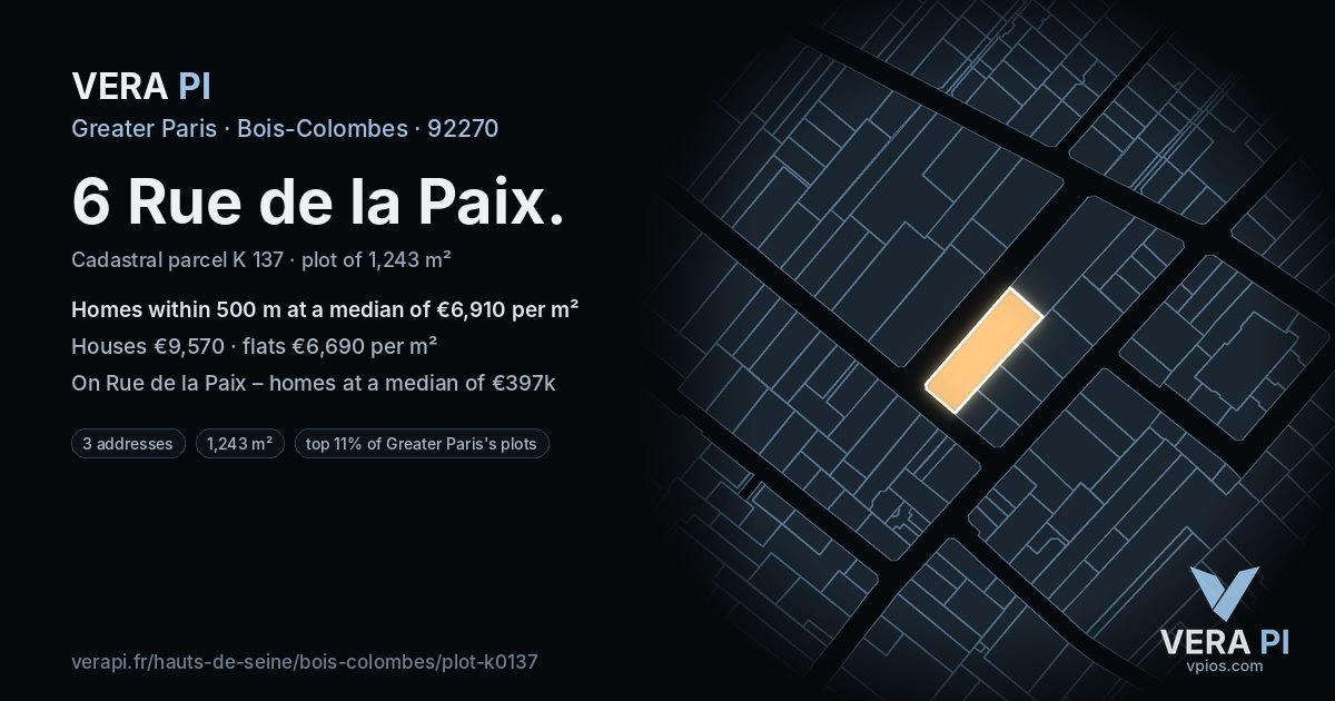 6 Rue de la Paix, Bois-Colombes at night – the plot lit, the parcels around coloured by the prices near them