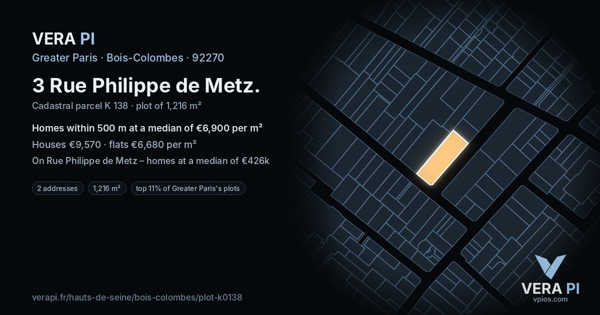 3 Rue Philippe de Metz, Bois-Colombes at night – the plot lit, the parcels around coloured by the prices near them