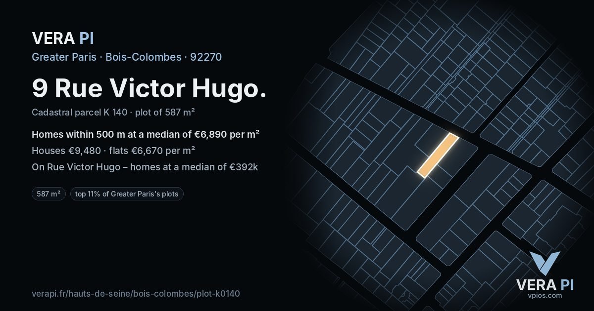 9 Rue Victor Hugo, Bois-Colombes at night – the plot lit, the parcels around coloured by the prices near them