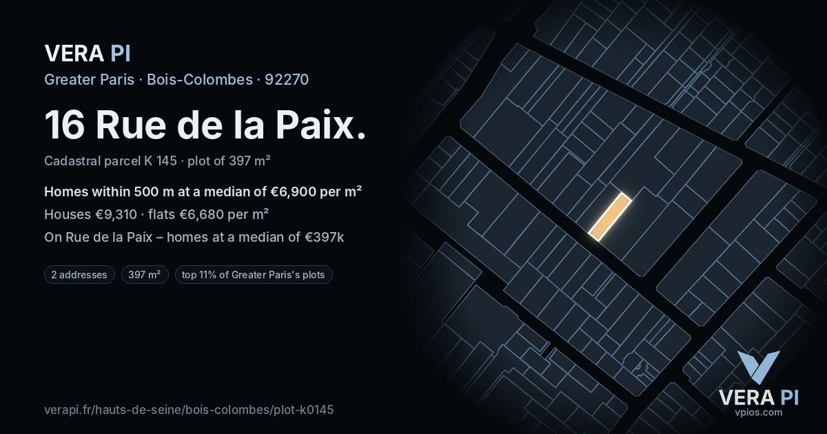 16 Rue de la Paix, Bois-Colombes at night – the plot lit, the parcels around coloured by the prices near them