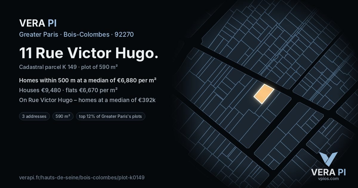 11 Rue Victor Hugo, Bois-Colombes at night – the plot lit, the parcels around coloured by the prices near them
