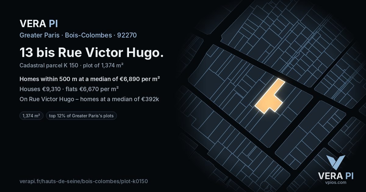 13 bis Rue Victor Hugo, Bois-Colombes at night – the plot lit, the parcels around coloured by the prices near them