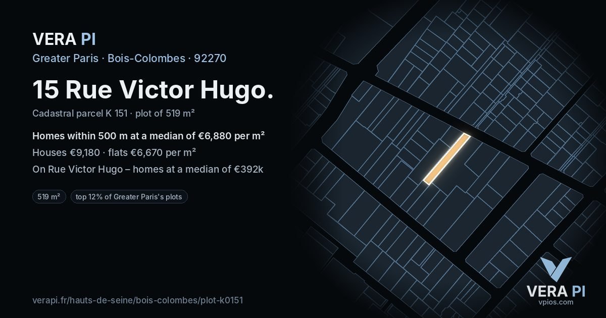 15 Rue Victor Hugo, Bois-Colombes at night – the plot lit, the parcels around coloured by the prices near them