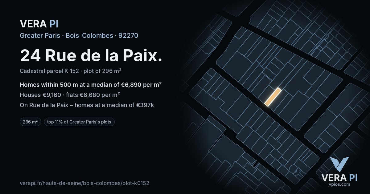 24 Rue de la Paix, Bois-Colombes at night – the plot lit, the parcels around coloured by the prices near them