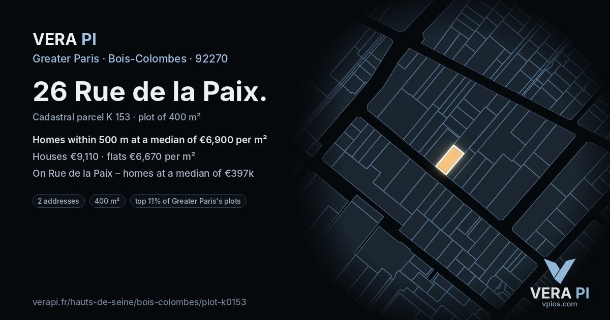 26 Rue de la Paix, Bois-Colombes at night – the plot lit, the parcels around coloured by the prices near them