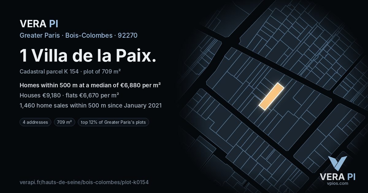 1 Villa de la Paix, Bois-Colombes at night – the plot lit, the parcels around coloured by the prices near them