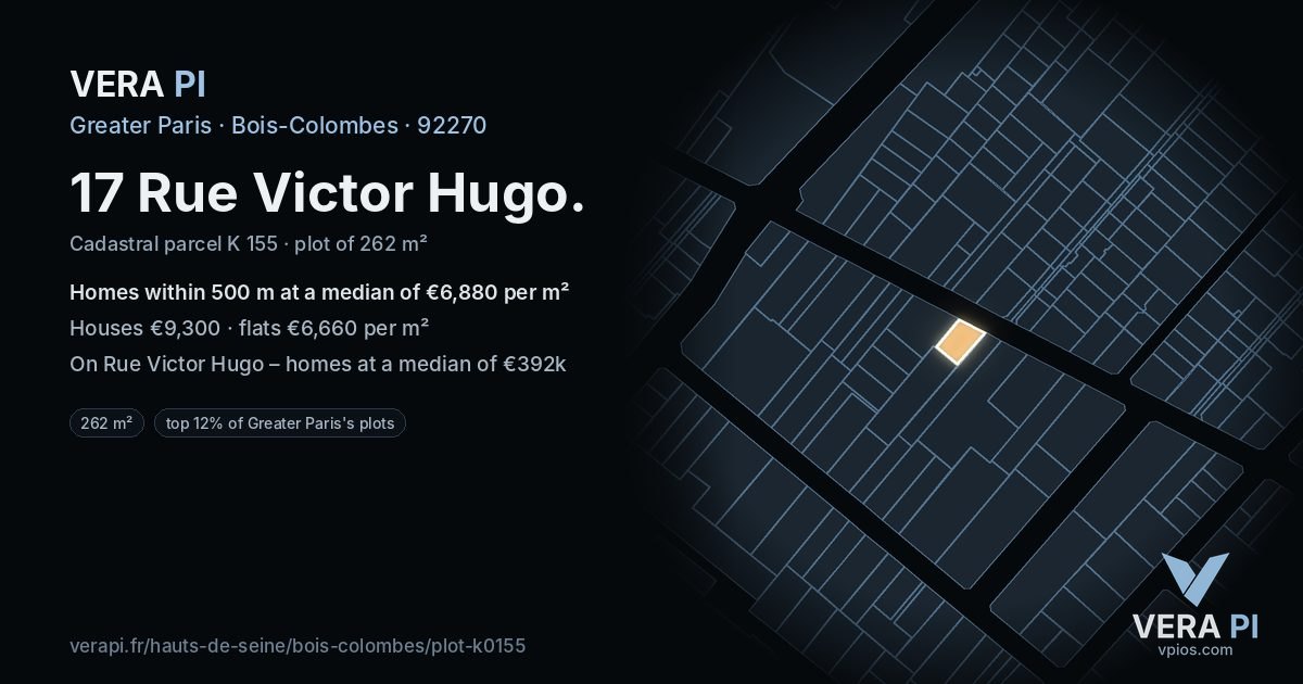 17 Rue Victor Hugo, Bois-Colombes at night – the plot lit, the parcels around coloured by the prices near them