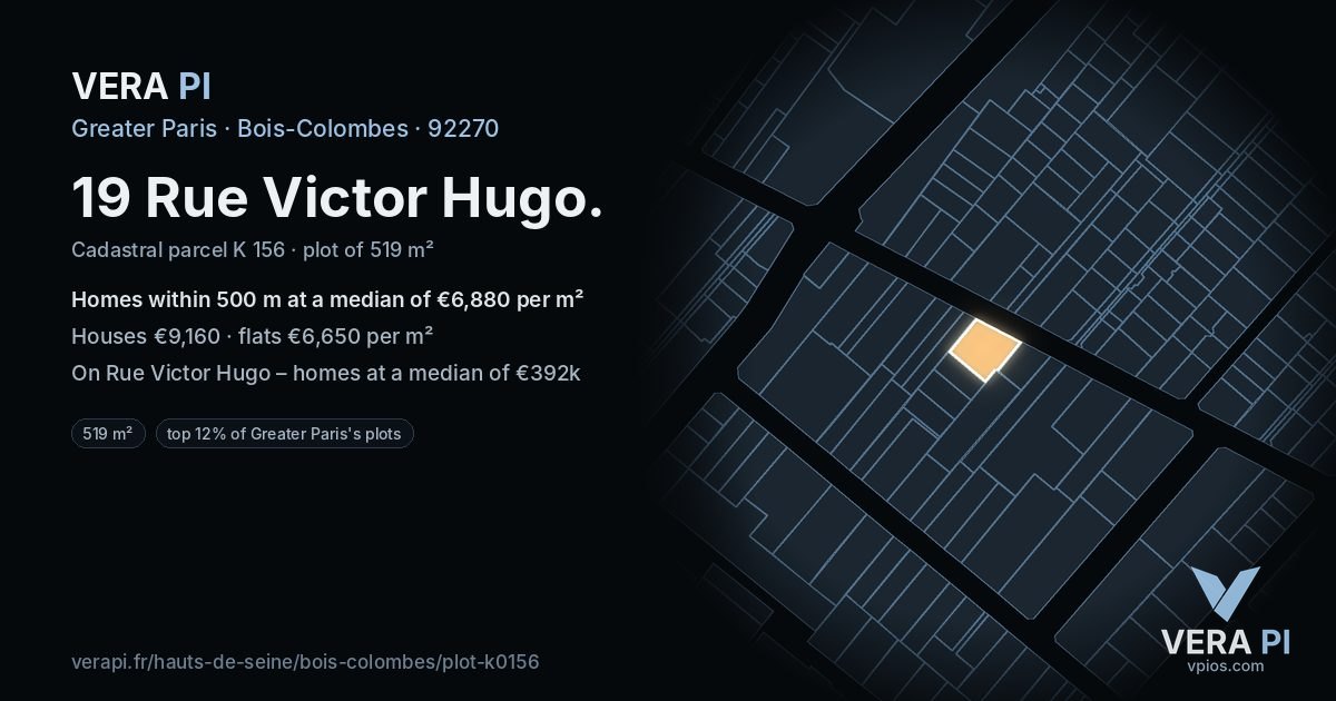 19 Rue Victor Hugo, Bois-Colombes at night – the plot lit, the parcels around coloured by the prices near them