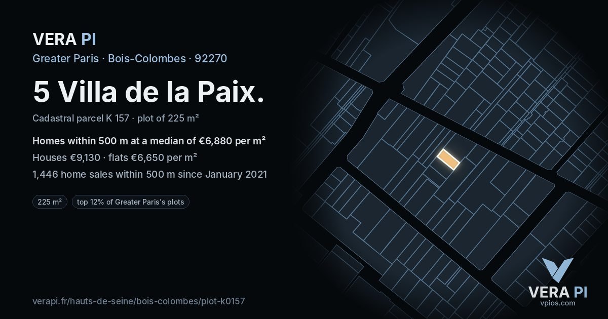5 Villa de la Paix, Bois-Colombes at night – the plot lit, the parcels around coloured by the prices near them