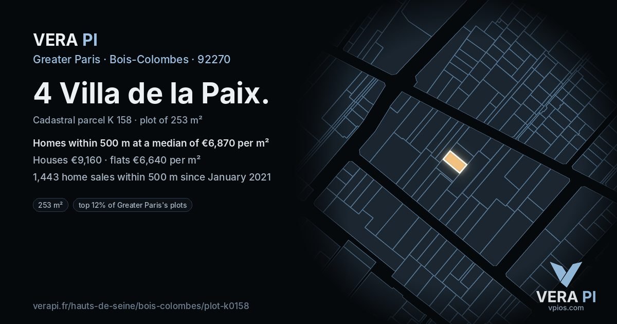 4 Villa de la Paix, Bois-Colombes at night – the plot lit, the parcels around coloured by the prices near them