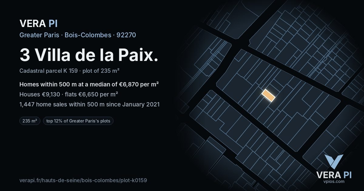 3 Villa de la Paix, Bois-Colombes at night – the plot lit, the parcels around coloured by the prices near them