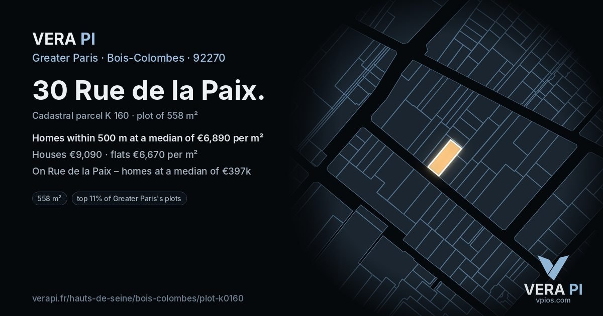 30 Rue de la Paix, Bois-Colombes at night – the plot lit, the parcels around coloured by the prices near them