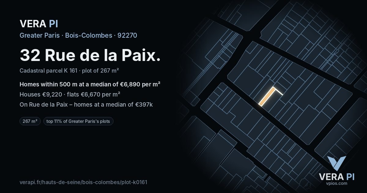 32 Rue de la Paix, Bois-Colombes at night – the plot lit, the parcels around coloured by the prices near them