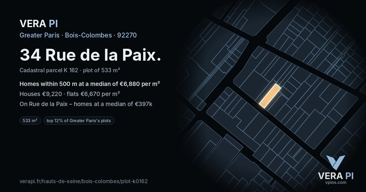 34 Rue de la Paix, Bois-Colombes at night – the plot lit, the parcels around coloured by the prices near them