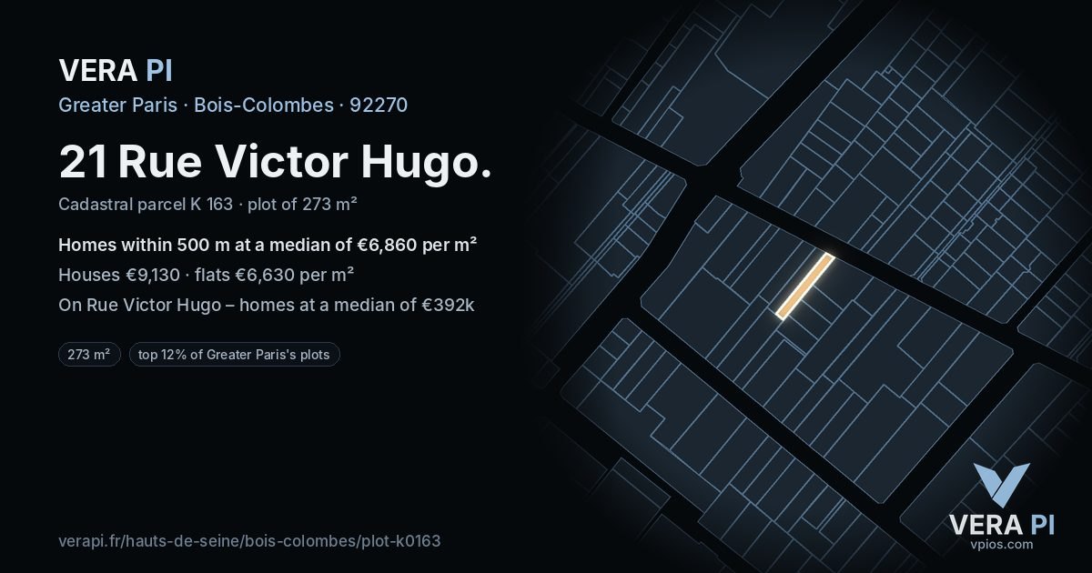 21 Rue Victor Hugo, Bois-Colombes at night – the plot lit, the parcels around coloured by the prices near them