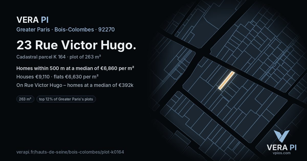 23 Rue Victor Hugo, Bois-Colombes at night – the plot lit, the parcels around coloured by the prices near them