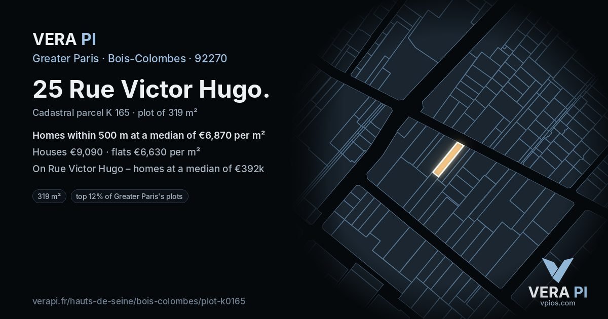 25 Rue Victor Hugo, Bois-Colombes at night – the plot lit, the parcels around coloured by the prices near them