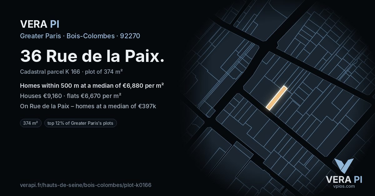 36 Rue de la Paix, Bois-Colombes at night – the plot lit, the parcels around coloured by the prices near them