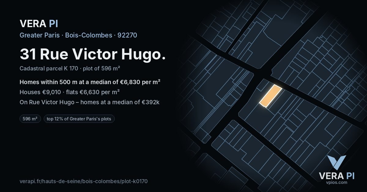 31 Rue Victor Hugo, Bois-Colombes at night – the plot lit, the parcels around coloured by the prices near them