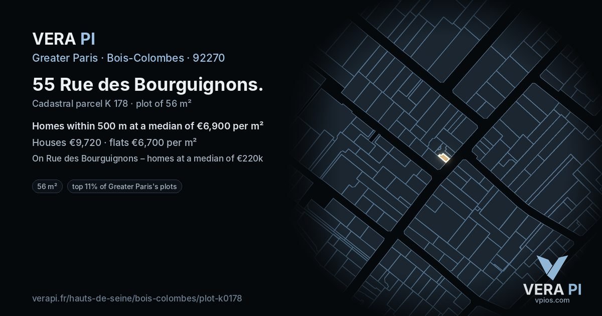 55 Rue des Bourguignons, Bois-Colombes at night – the plot lit, the parcels around coloured by the prices near them